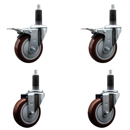 Service Caster 4'' Maroon Poly Swivel 1-1/8'' Expanding Stem Caster Set 2 Total Lock Brakes, 4PK SCC-EXTTL20S414-PPUB-MRN-2-S-2-118